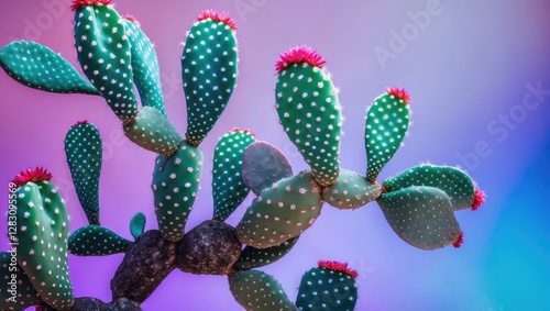 Colorful prickly pear cactus with vivid pink flowers against a blurred gradient background Copy Space photo