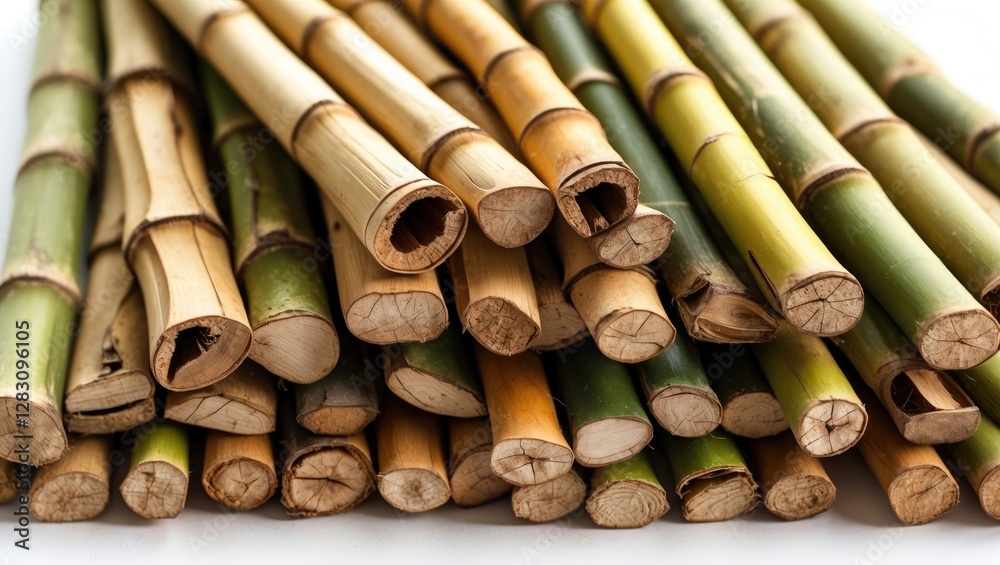 Colorful dry bamboo sticks arranged in a pile on a white background showcasing their natural textures and hues for artistic or design use. Colorful dry bamboo sticks arranged in a pile on a white background showcasing their natural textures and hues for artistic or design use.