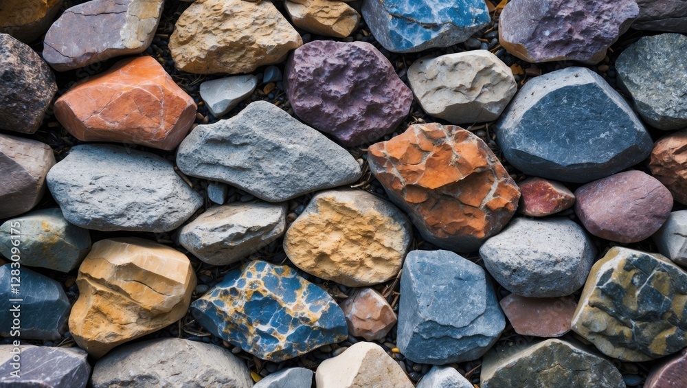 Colorful textured stones arranged seamlessly creating a vibrant background with shallow depth of field suitable for various design projects