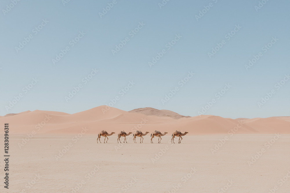 Caravan of Camels Across the Desert: A picturesque caravan of camels traversing a vast, undulating desert under a clear, azure sky, evoking a sense of adventure and timeless travel. Caravan of Camels Across the Desert: A picturesque caravan of camels traversing a vast, undulating desert under a clear, azure sky, evoking a sense of adventure and timeless travel.