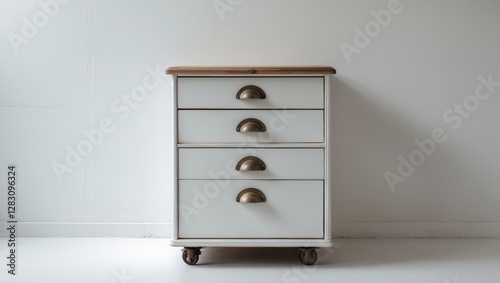 Modern wooden drawer cabinet with brass handles on a minimalist white background interior design concept