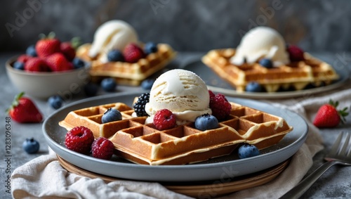 Delicious waffles topped with ice cream and fresh berries on a grey background with copy space for text photo