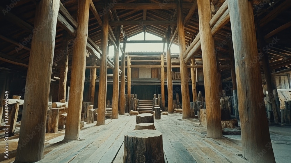 Fototapeta premium Traditional wooden house structure with heavy beams supporting the frame