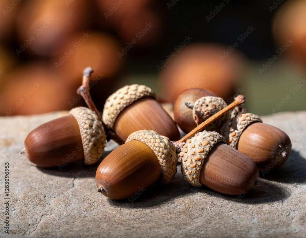 A close-up of several acorns with textured caps resting on a rough stone surface. A close-up of several acorns with textured caps resting on a rough stone surface.