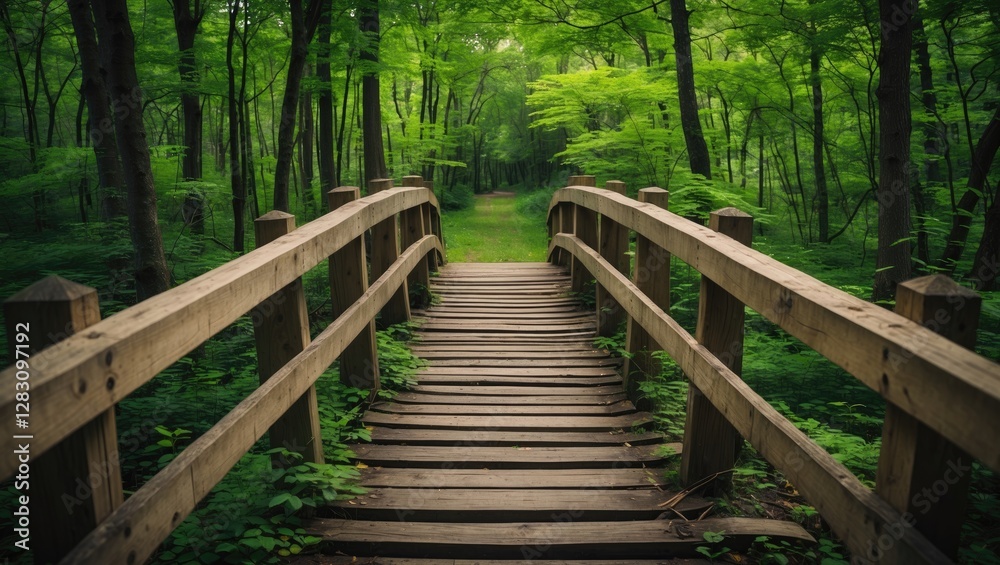 Wooden footbridge leading through lush green forest with dense trees and pathway in background, natural scenery, Copy Space Wooden footbridge leading through lush green forest with dense trees and pathway in background, natural scenery, Copy Space