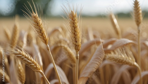 Close-up of golden wheat ears in a field with blurred background and natural light showing details of the grains and stalks Copy Space