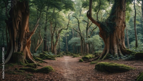Mature forest setting with large trees covered in moss and a winding dirt path surrounded by lush vegetation and soft lighting Copy Space