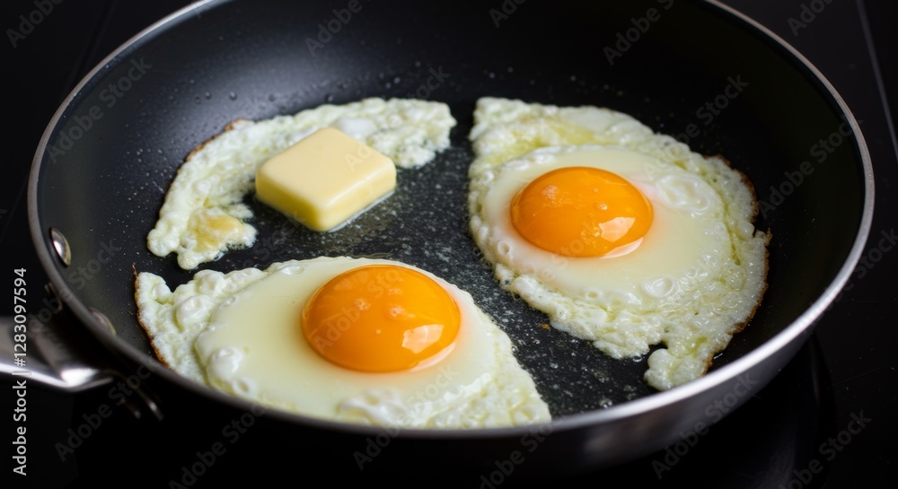 Golden sunny-side-up eggs sizzle in a pan with melting butter Golden sunny-side-up eggs sizzle in a pan with melting butter