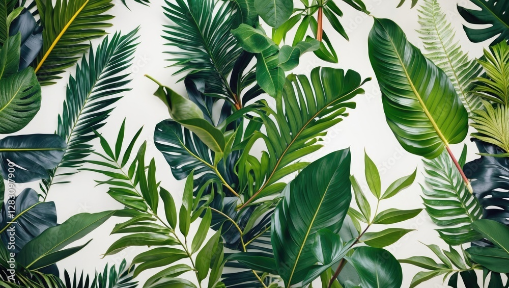 Fototapeta premium Tropical green leaves pattern background with various foliage textures and colors ideal for nature or botanical design projects Copy Space