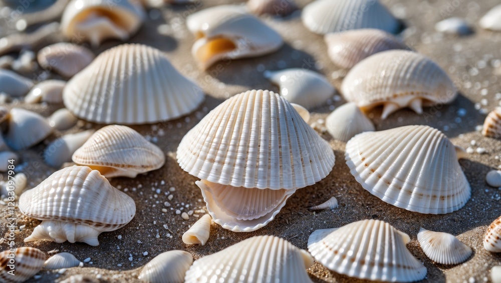 Close-up of assorted seashells on sandy beach with natural sunlight highlighting details Copy Space Close-up of assorted seashells on sandy beach with natural sunlight highlighting details Copy Space