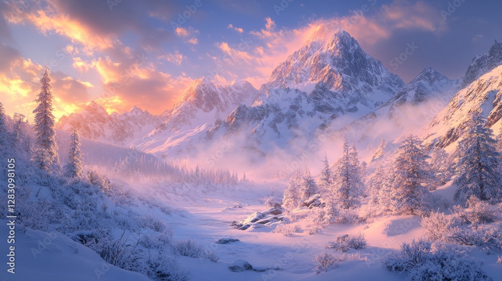 Obraz premium Snow-covered mountain landscape at sunset with vibrant colors and mist in the valley
