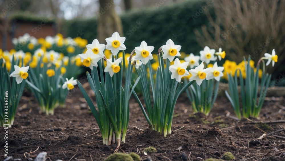 Daffodil flowers blooming in garden with yellow and white petals against green background soil garden with copy space for text Daffodil flowers blooming in garden with yellow and white petals against green background soil garden with copy space for text