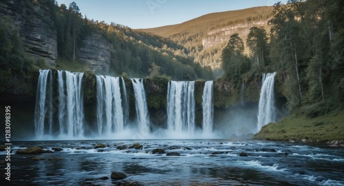 Waterfall cascading over cliffs surrounded by lush green forests with mountains in the background and mist rising from the water Copy Space
