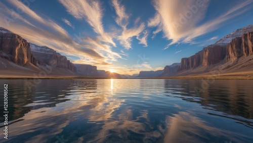Sunset over calm lake reflecting mountain cliffs and textured skies in a remote natural landscape Copy Space