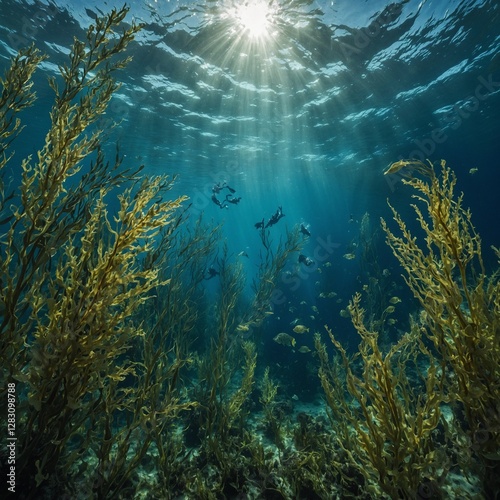 A peaceful underwater scene with seahorses swimming in and around a forest of seagrass.