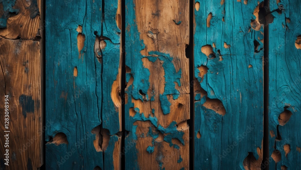 Weathered wooden planks with vibrant turquoise and brown hues showcasing a rustic and textured background for design purposes. Weathered wooden planks with vibrant turquoise and brown hues showcasing a rustic and textured background for design purposes.