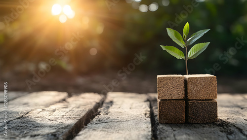 Young plant sprouting from wooden blocks on weathered wood, sunlit garden background; symbolizes growth, sustainability, nature, and environmental, ideal for eco-friendly business or environmental