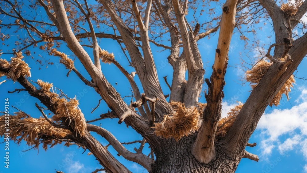 Majestic tree branches against a vibrant blue sky showcasing nature's resilience and beauty with dry foliage and textured bark. Majestic tree branches against a vibrant blue sky showcasing nature's resilience and beauty with dry foliage and textured bark.