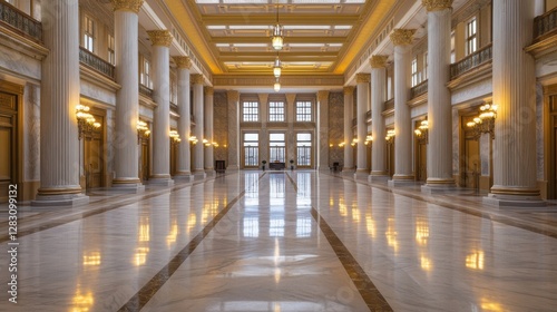 A legislative hall with polished marble floors and tall columns. Featuring grandeur and strength