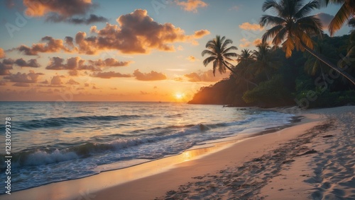 Fototapeta Naklejka Na Ścianę i Meble -  Tropical beach at sunset with gentle waves, palm trees silhouetted against colorful sky, peaceful coastal landscape with Copy Space
