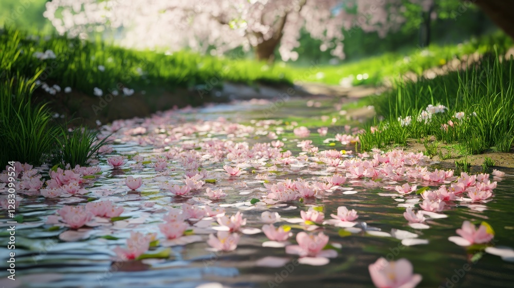Fototapeta premium A dreamy spring riverbank covered with cherry blossom petals floating on the water,