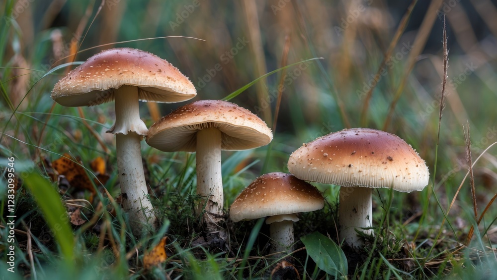 Group of wild mushrooms growing on the forest floor surrounded by grass and foliage with natural soft lighting and Copy Space Group of wild mushrooms growing on the forest floor surrounded by grass and foliage with natural soft lighting and Copy Space