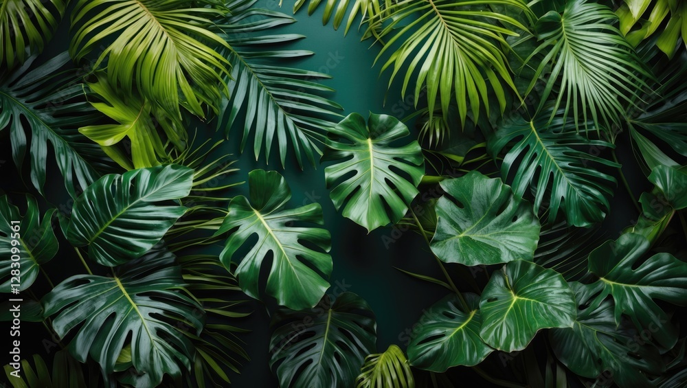 Tropical leaves background in various shapes and sizes with dark green backdrop and ample copy space for text placement Tropical leaves background in various shapes and sizes with dark green backdrop and ample copy space for text placement