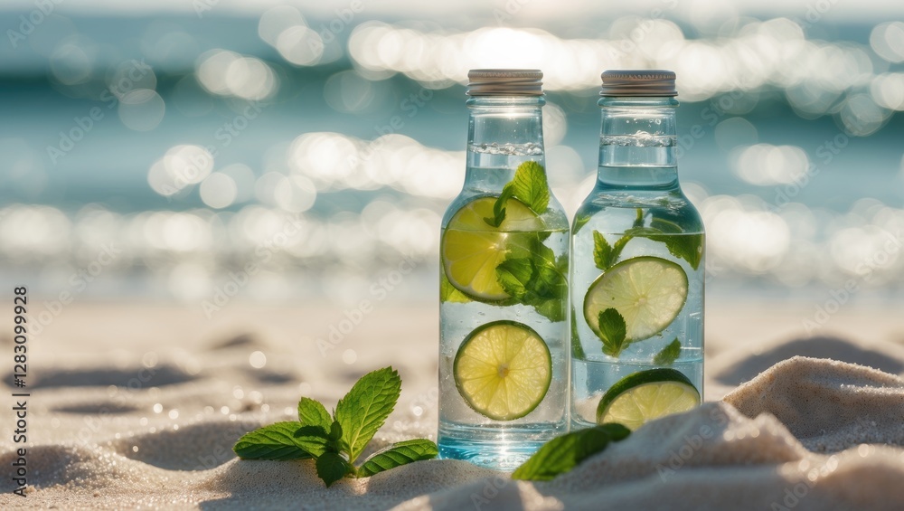 Obraz premium Fresh lemon and mint infused water in glass bottles on sandy beach with ocean waves in background Copy Space