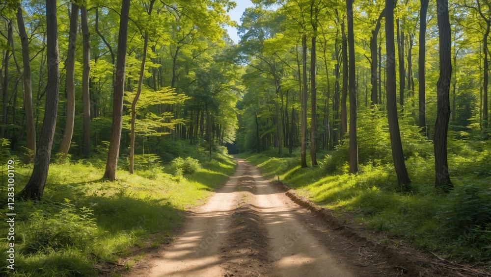 Naklejka premium Lush green forest road during daylight surrounded by tall trees and ferns with sunlit shadows in the background Copy Space