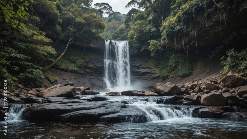 Naklejka premium Waterfall cascading over rocky terrain surrounded by lush green vegetation with tranquil river in foreground and misty atmosphere.