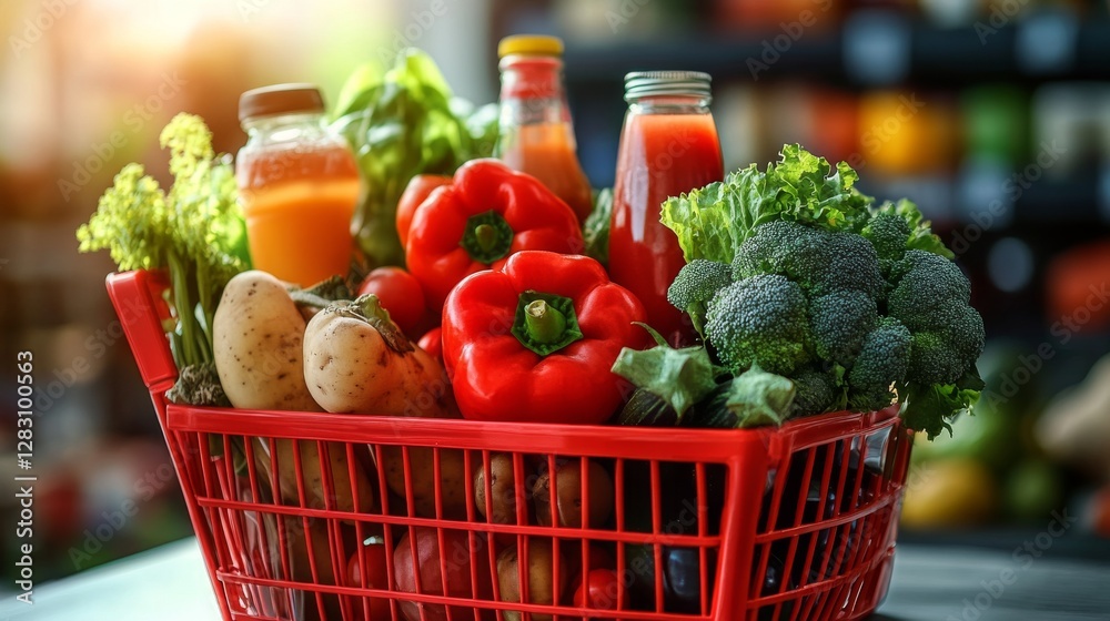 Fresh produce and beverages in a vibrant shopping basket at a local market in the afternoon sunlight Fresh produce and beverages in a vibrant shopping basket at a local market in the afternoon sunlight