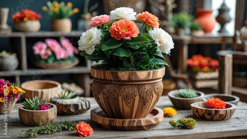 Wallpaper Mural Wooden Flower Pot Arrangement with Colorful Artificial Flowers in a Rustic Craft Setting Torontodigital.ca