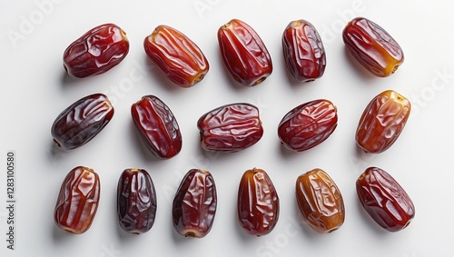 Dried raisins dates arranged on a white background showcasing their rich color and texture in a top view composition. photo