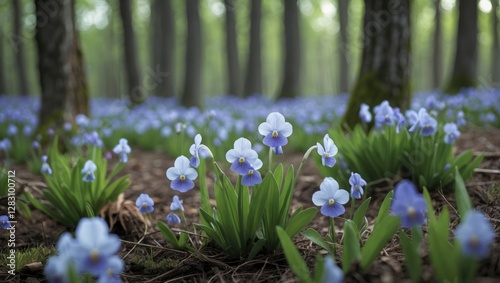 Blue violet flowers blooming in a lush forest setting with tall trees surrounded by greenery and soft sunlight Copy Space photo