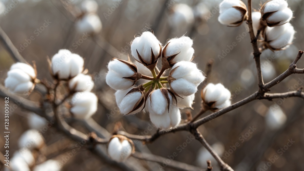 Blooming cotton plant with fluffy white bolls on branches in natural setting highlighting agricultural beauty and textile industry potential.