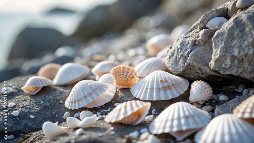 Close-up view of various seashells scattered on rocky beach with smooth pebbles and soft natural lighting Copy Space