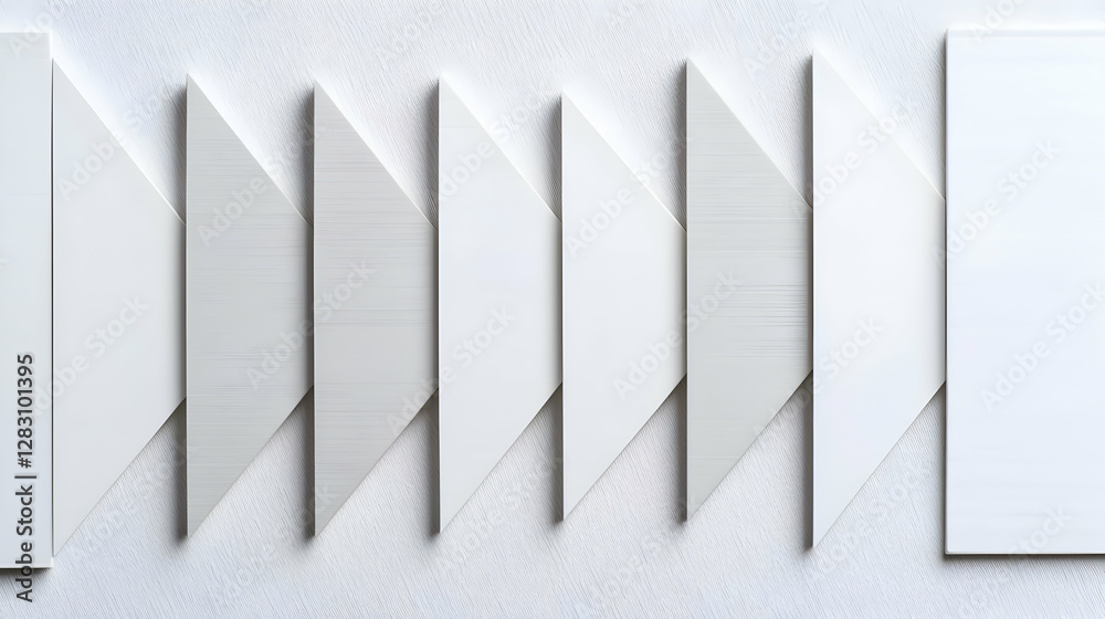 Abstract Geometric Pattern with White Triangles and Rectangles on Textured White Wall Abstract Geometric Pattern with White Triangles and Rectangles on Textured White Wall