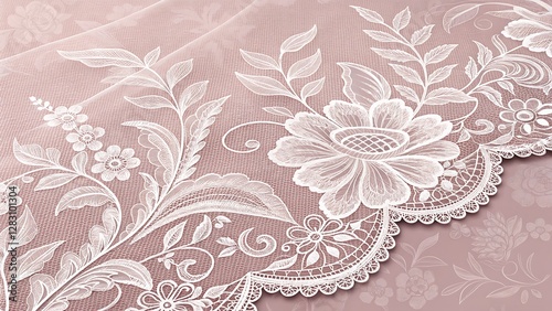 White Lace Texture Overlay on a Blush Pink Background with Intricate Floral Patterns elegant white lace texture featuring intricate floral patterns delicately layered over a soft blush pink  photo