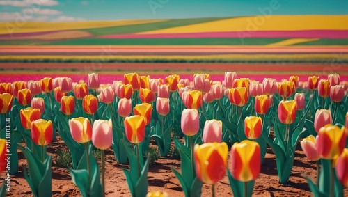 Vibrant tulip field with colorful flowers and layered backgrounds under bright blue sky with copy space for text photo