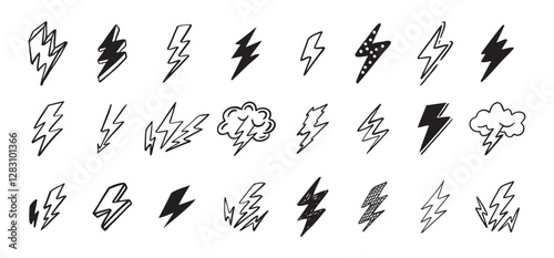 Doodle set lightning line art. Hand drawn lightning icons
