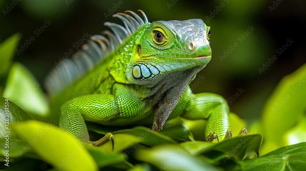 Green iguana resting on vibrant green leaves in a tropical environment during daylight Green iguana resting on vibrant green leaves in a tropical environment during daylight