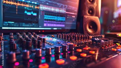 Professional Music Studio Mixing Console with Audio Editing Software on Computer Screen