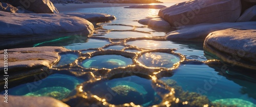 Wallpaper Mural Rocky shoreline with clear water pools and bright reflections during sunset, natural landscape detail, Copy Space Torontodigital.ca