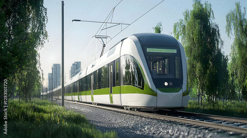 Naklejka premium Modern Train Traveling On Railroad Track Surrounded By Lush Green Trees Under Clear Blue Sky