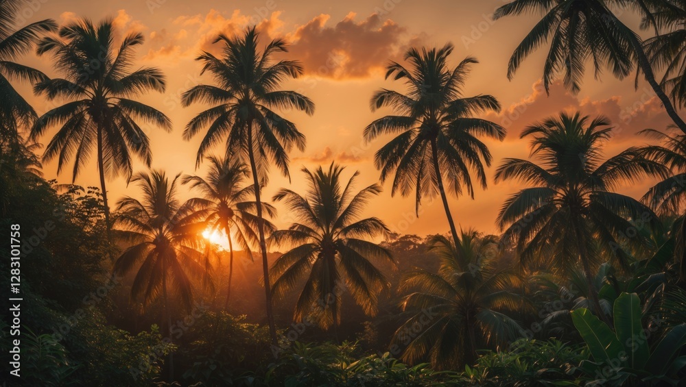 Obraz premium Tropical sunset with silhouette of palm trees against colorful sky and clouds Copy Space