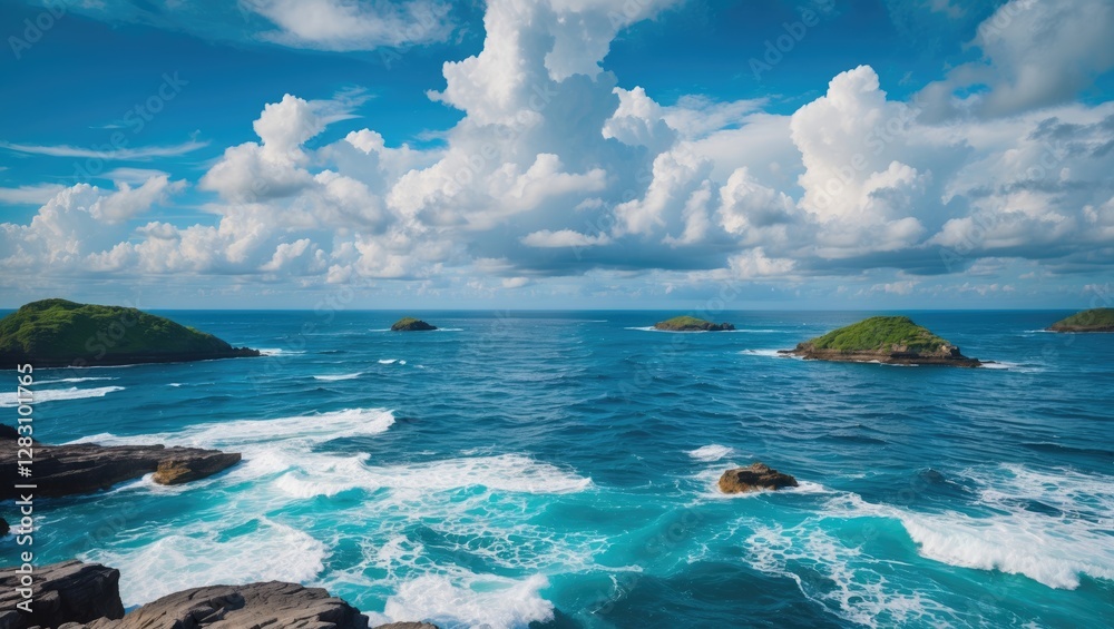 Fototapeta premium Seascape with turquoise water, rocky shoreline, small islands, and vibrant clouds under blue sky Copy Space