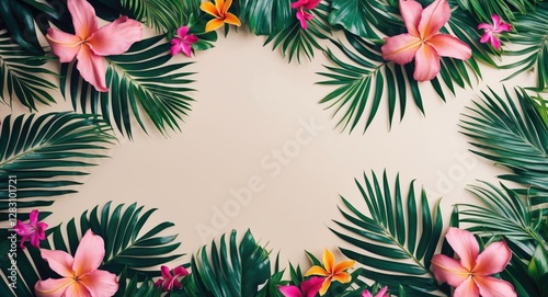 Tropical floral frame with palm leaves and pink flowers on neutral background, suitable for invitations and summer themed designs, Copy Space