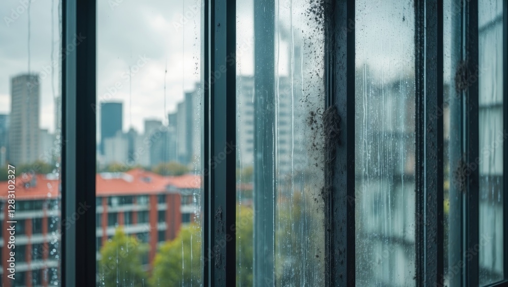 Fototapeta premium Dirty double glazed office window after acid rain showing dust and grime with a cityscape in the background creating an urban atmosphere.