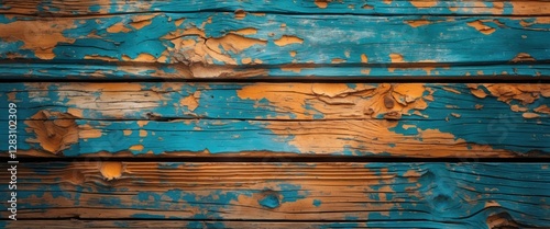 Wallpaper Mural Colorful distressed wooden texture with blue and orange paint peeling, creating an abstract rustic background for various design projects. Torontodigital.ca