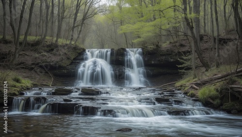 Waterfall cascading over rocks in a tranquil forest setting with lush green trees and soft flowing water Copy Space